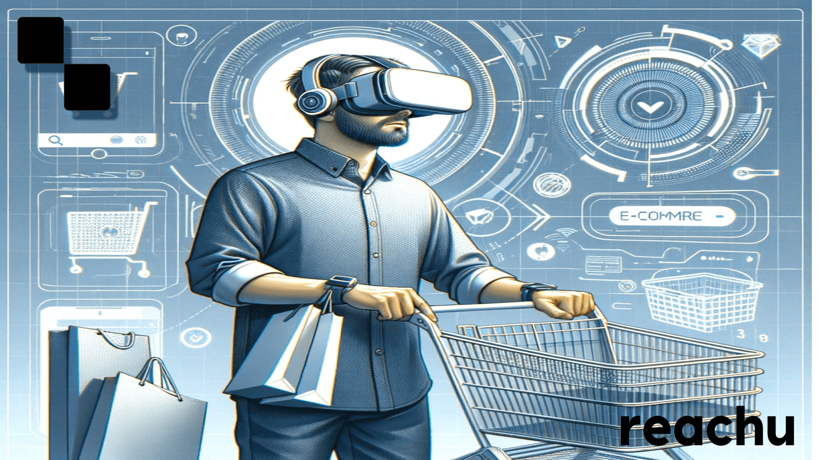 man with VR headset pushing a shopping cart to showcase ecommerce in VR